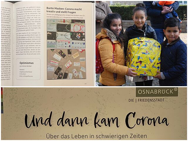 Eine Collage, die aus drei Bildern entsteht. Ausschnitt aus dem Buch, Coverbild, drei Kinder, die Geschenke in der Hand halten.