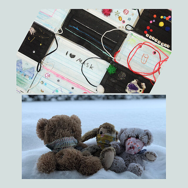 Eine Collage. Kreativ von Kindern gestaltete Masken und drei Kuscheltiere mit MNB. 