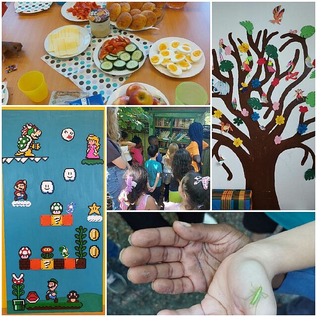 eine Fotocollage bestehend aus 5 Bildern: Frühstückstisch, Kinder schauen Bücher an, ein gebastelter Baum mit Blumen, eine Heuschrecke sitzt auf der Hand eines Kindes, Bild aus Bügelperlen