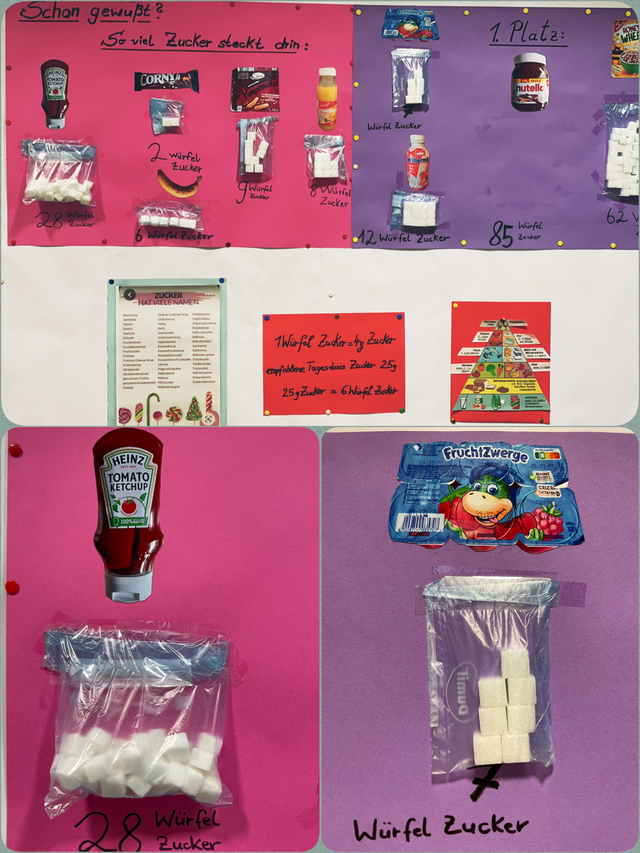 Eine Fotocollage bestehend aus drei Bildern. Collage stellt dat, wieviel Zucker in den bekannten Lebensmitteln (Ketchup, Fruchtzwerge, Nutella) steckt. 