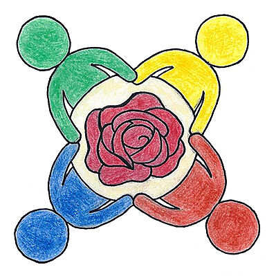 Vier bunte Figuren fassen sich, um eine Rosenblüte herum, an den Händen