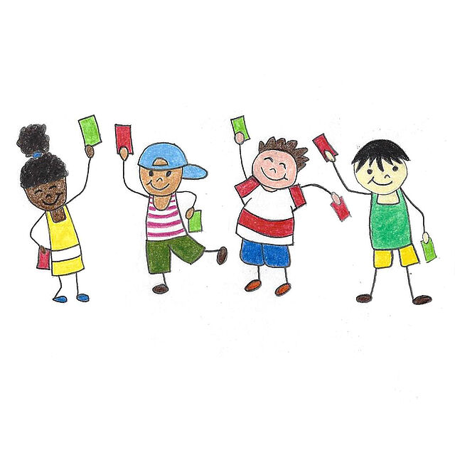 Vier Kinder halten bei einer Abstimmung im Hort Rosenkinder grüne und rote Karten hoch.