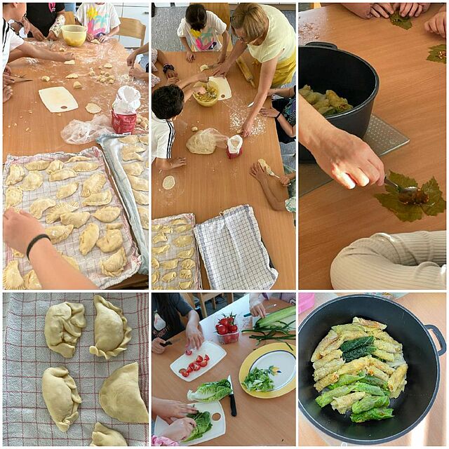 eine Collage aus 5 Bildern: Zubereitung eines Gerichtes