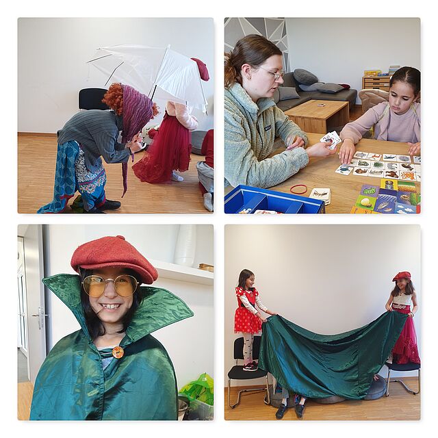 Eine Collage aus vier Bildern: Ein verkleidetes Kind stellt eine alte Frau dar, ein weiteres Kind spielt mit einer Fachkraft ein Gesellschaftsspiel, ein verkleidetes Mädchen ist zu sehen, und zwei Kinder halten einen Vorhang für ein Theaterstück.
