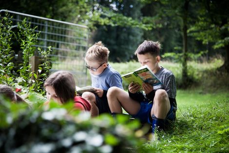 2 Jungen und ein Mädchen sitzen im Grünen und lesen ein Buch