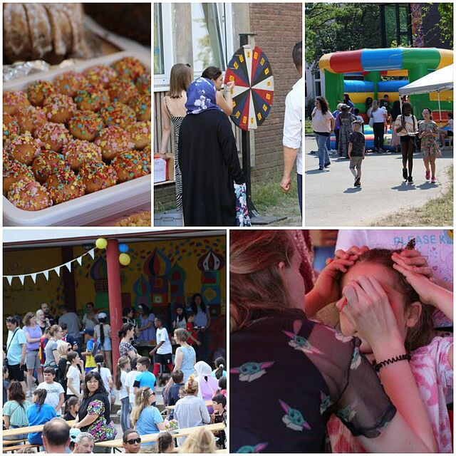 Fotocollage bestehend aus 5 Bildern: Süßigkeiten, Tombola, Hüpfburg, Gäste sitzen an Tischen, ein Kind wird geschminkt
