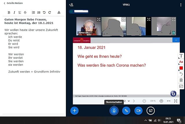 Screenshot des virtuellen Unterrichts zum Thema Zukunft, Linke Bildhäflte Text, Rechte Bildhälfte der viruelle Unterrichtsraum