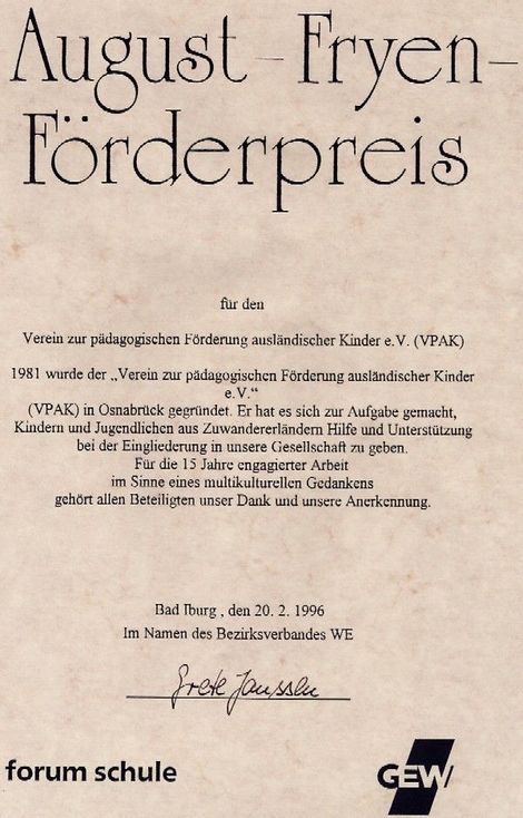 Urkunde zur Auszeichnung August-Fryen-Preis 1996