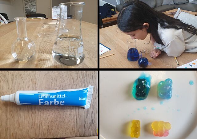 eine Collage aus vier Bildern: zwei Ragenzgläser, Lebensmittelfarbe, ein Kind schaut in ein Reagenzglas, Gummibärchen vor und nach dem Experiment