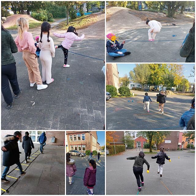 Fotocollage bestehend aus 7 Bildern. Kinder spielen im Freien