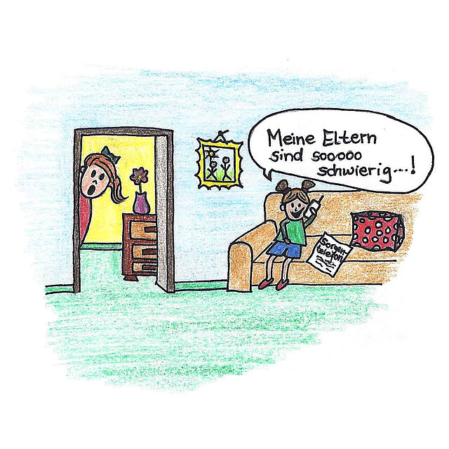 In diesem Cartoon erzählt ein kleines Mädchen am Telefon der Notfallseelsorge, dass seine Eltern so schwierig sind. Die Mutter hört erschrocken im Nebenraum mit.sind.