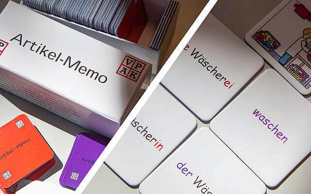 Verpackung Artikelmemo sowie ausgelegte Spielkarten