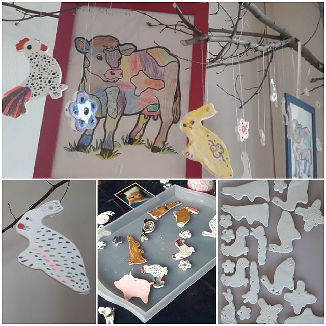 Ostercollage aus Bastelarbeiten mit Papier, Farbe und Fimo