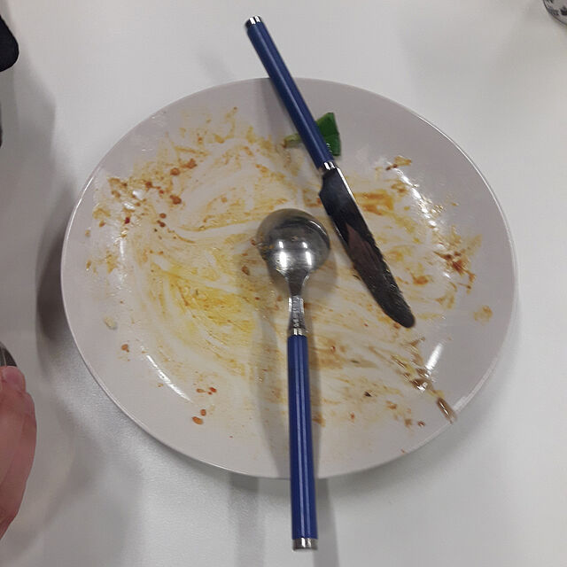 Auf einem leer gegessenem Teller liegen noch Messer und Gabel.