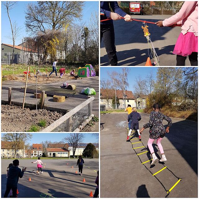 Collage, 3 mal Kinder spielen auf dem Schulhof, einmal Schulgarten