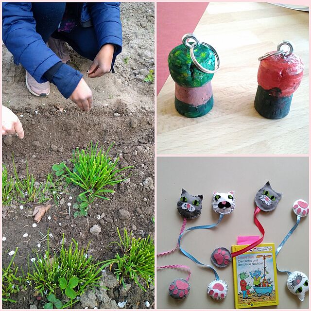 Collage aus Kindern im Garten, sowie gebastelten Anhängern