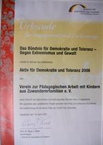 Urkunde zur Auszeichnung Aktiv für Demokratie und Toleranz 2007