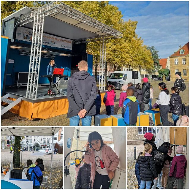 eine Fotocollage bestehend aus 4 Bildern, Kinder experimentieren mit dem Singbus