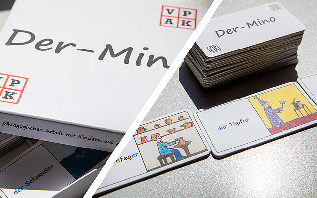 Der-Mino Spieleverpackung und Kärtchen im breiten Format