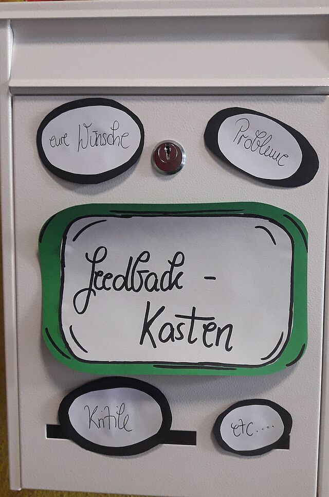 Auf einem weißen Briefkasten steht: Feedback, Ideen, Wünsche, Probleme. 