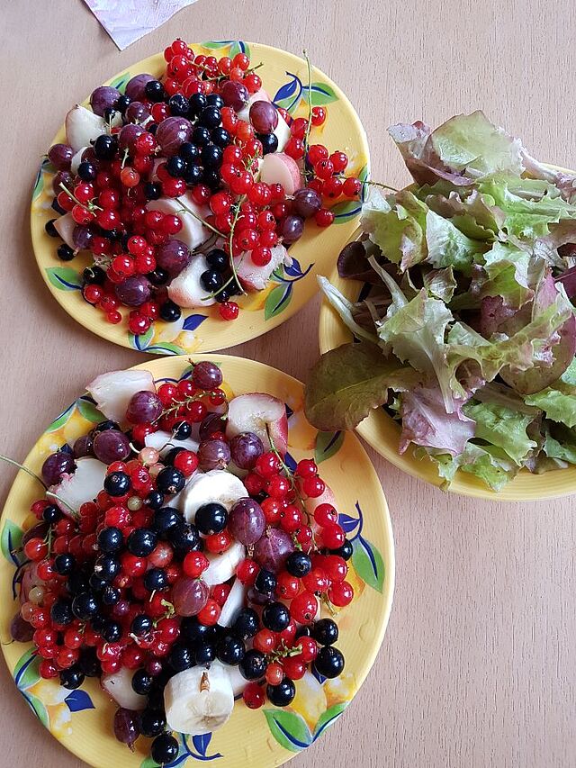 Nahaufnahme bunter Salate mit frischen Beeren auf drei Tellern.