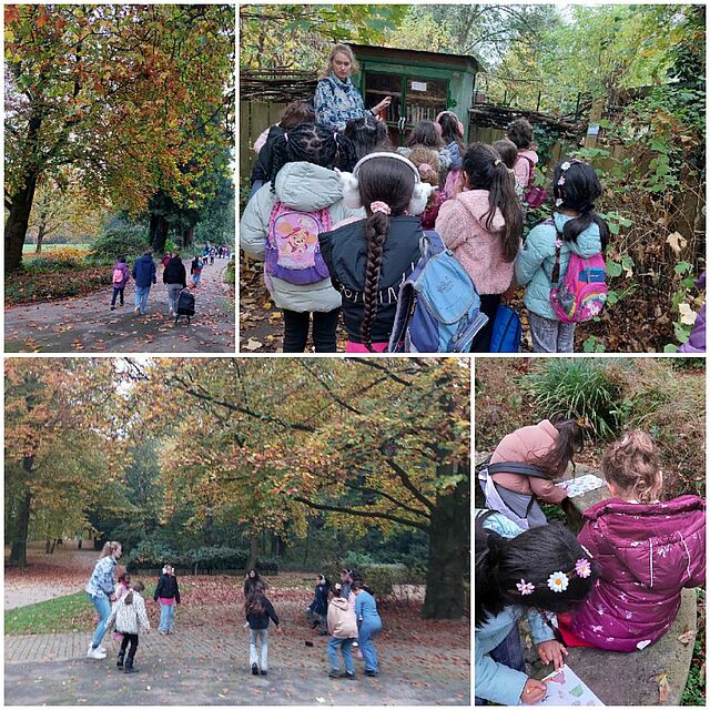 Eine Collage aus drei Bildern. Kinder aus dem Hort erkunden den Bürgerpark.