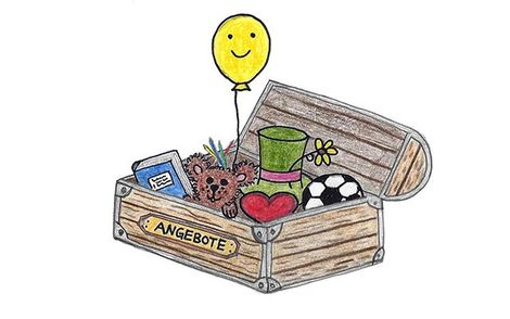 Ein gezeichnetes Bild zeigt eine mit Spielzeug gefüllte Holzkiste.