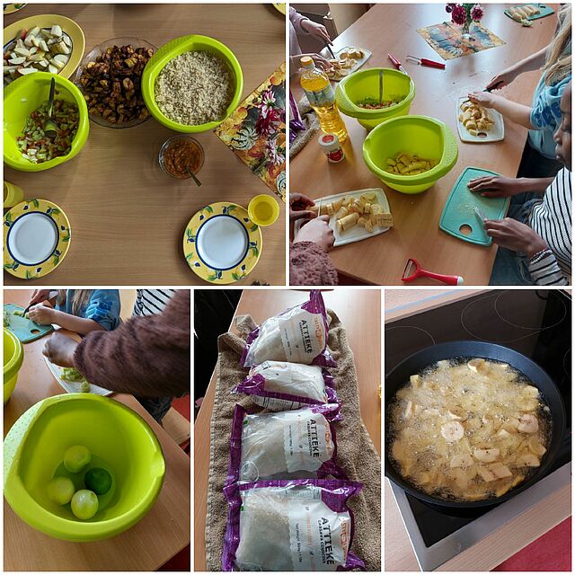 eine Fotocollage: Kinder bereiten Essen zu.
