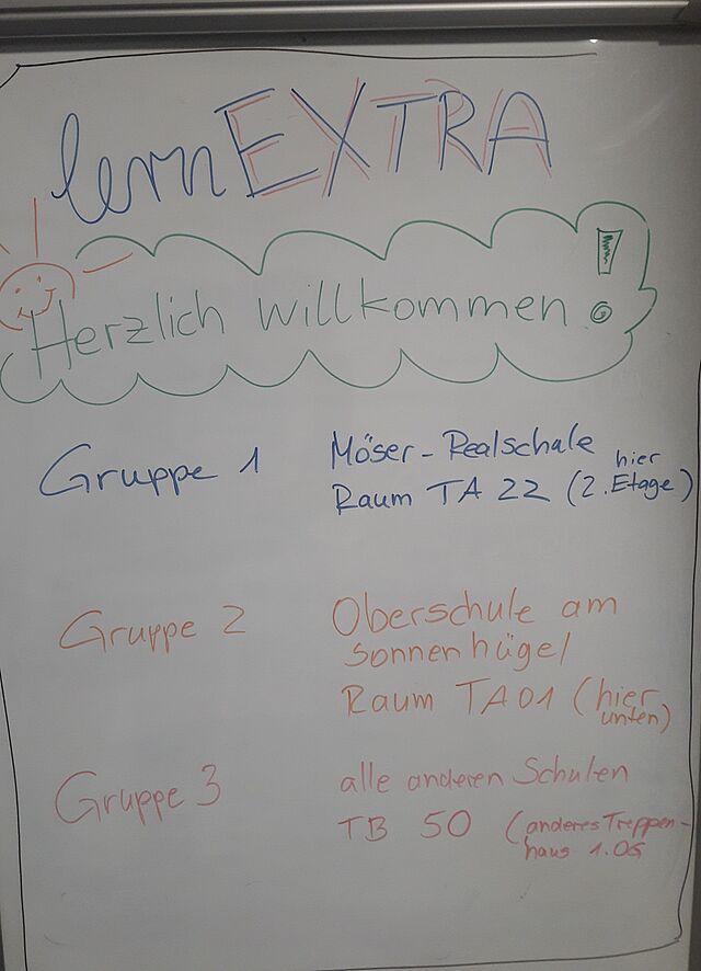 Auf einem Whiteboard steht Herzlich willkommen sowie der Raumplan für die drei Gruppen.