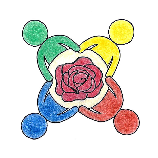 Vier bunte Figuren fassen sich, um eine Rosenblüte herum, an den Händen