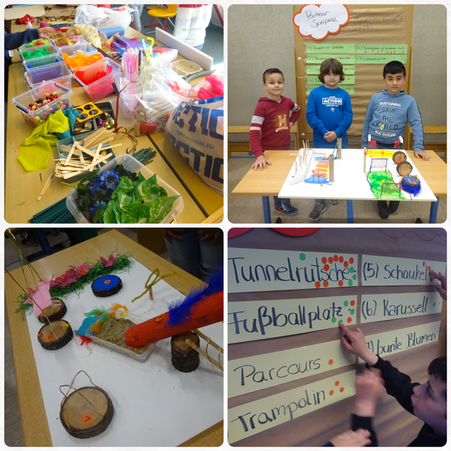 Eine Collage mit vier Fotos. Material für Spielplatzmodelle, drei Kinder mit einem Spielplatzmodell, ein anderes Spielplatzmodell und Auswahl an Spielplatzangeboten.